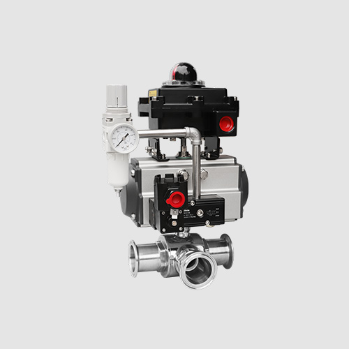 Pneumatic three-way sanitary ball valve